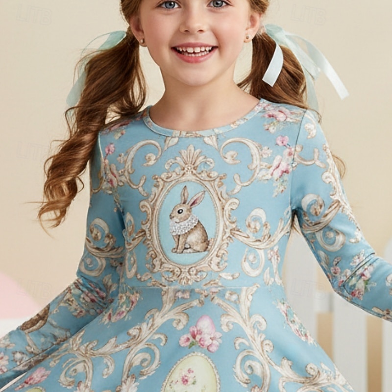 Easter Girls' 3D Graphic Rabbit Dress Long Sleeve 3D Print Spring Fall Daily Vacation Party Cute Casual Princess Kids 4-12 Years Casual Dress A Line Dress Knee-length Regular Fit 2026 - $20.99 –P2