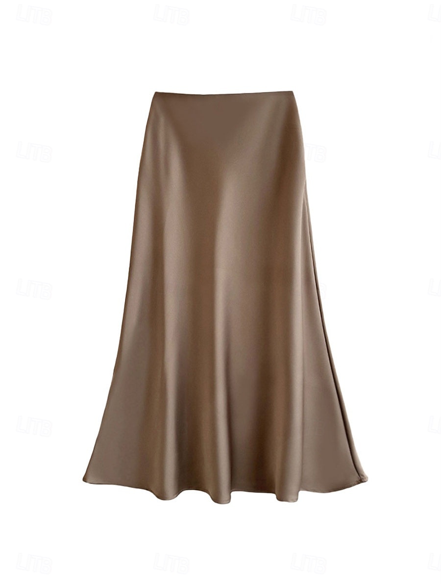 Per donna Gonne in raso Elegante Vintage Moda Casual Midi Vita Alta Gonne Semplice Arricciato Patchwork Inelastico Quotidiano Ufficio / Carriera Grigio verde Vinaccia Aalbicocca Nero Estate del 2026 a $31.99 –P10