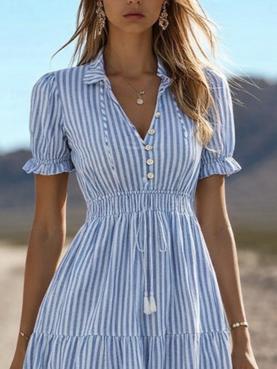 Per donna Abito Midi Finto cotone e lino Abito a trapezio Casual Quotidiano Vestibilità regolare Plaid Manica Corta Bavero Blu Estate Primavera Autunno del 2026 a $39.99 –P2