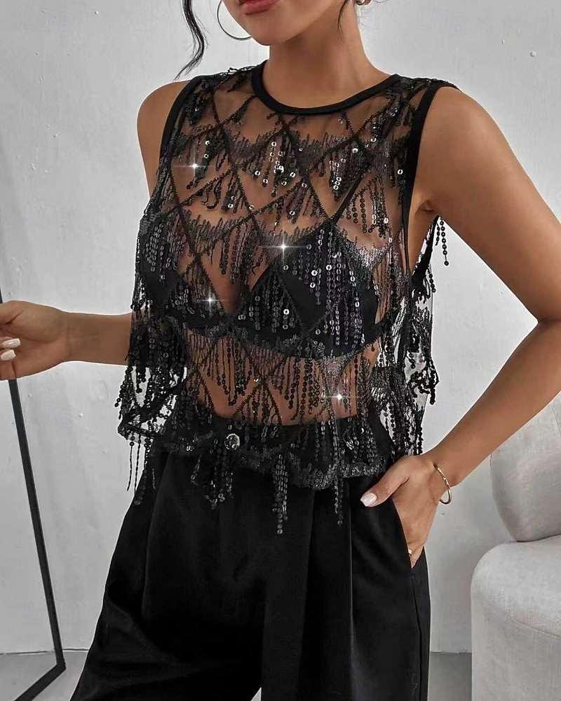 Per donna Maglietta Canotta Paillettes Tinta unica Moda Caldo Roccia Senza Maniche Girocollo Top Regolari Quotidiano Uscire Weekend Nero Estate Primavera Autunno del 2026 a $29.99 –P5