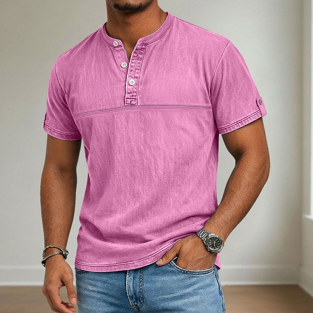 Men's Henley Shirt 100% Cotton Acid Wash Shirt Short Sleeve Henley Summer Spring Fall Plain Retro Vintage Casual Vintage Style Washed Casual Light Blue Dark Brown Black Top Tee for Men 2026 - $31.99 –P5
