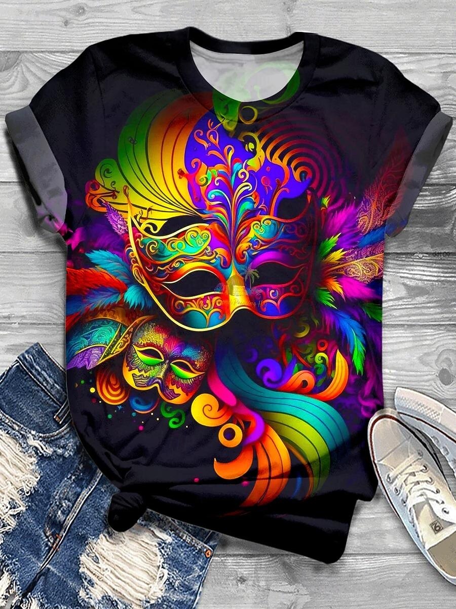 Karnival Dam T-shirt Mönster Grafisk Färgblock Ledigt Kortärmad Rund hals Vanliga toppar Dagligen Rubinrött Grön Sommar Vår 2026 - $22.99 –P2