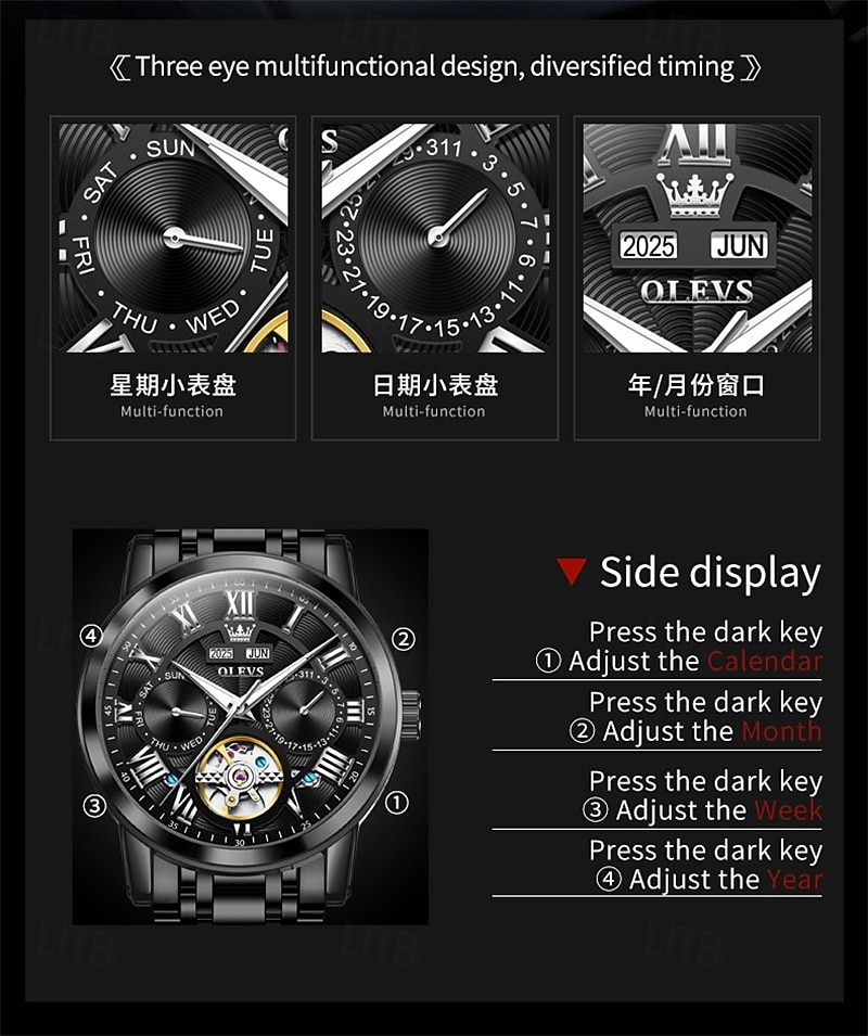 Новые мужские деловые часы Olevs с люминесцентным дисплеем, вечным календарем, календарем и отображением недели. Полностью механические часы с полым ротором для повседневного использования, 2026 - $97.99 –P7