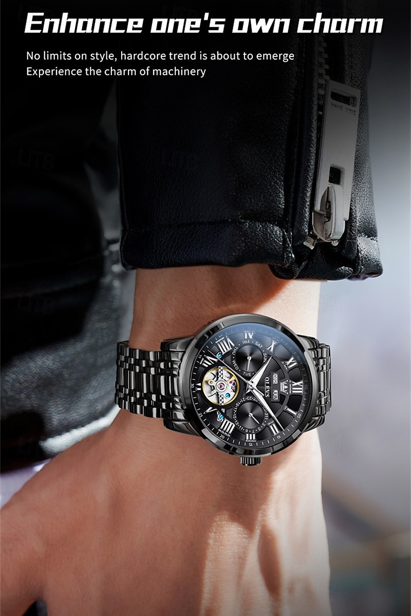 Новые мужские деловые часы Olevs с люминесцентным дисплеем, вечным календарем, календарем и отображением недели. Полностью механические часы с полым ротором для повседневного использования, 2026 - $97.99 –P17