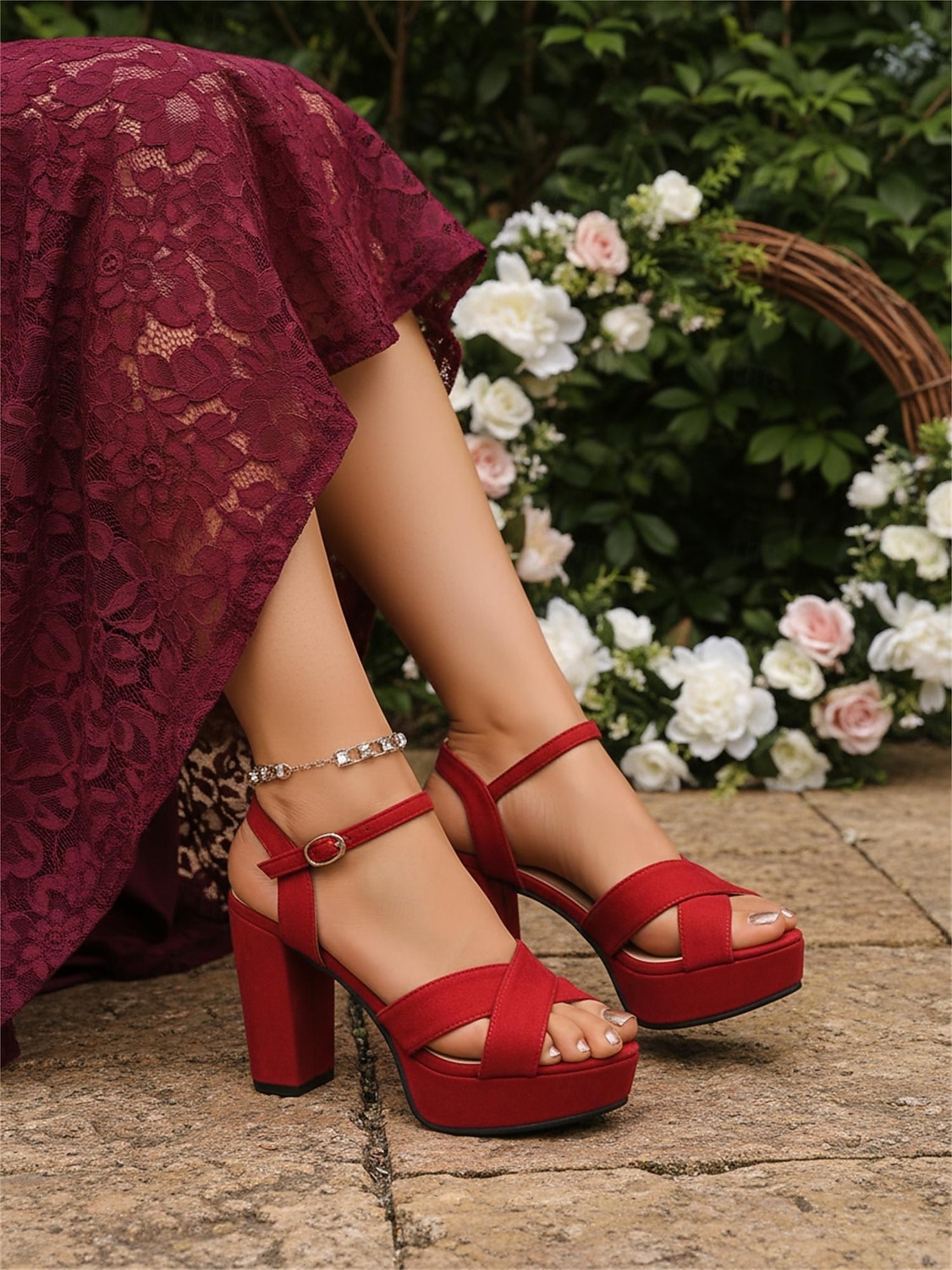 sandali da donna con tacco a blocco e plateau rosso - eleganti scarpe da sposa con cinturino alla caviglia, comode scarpe con cinturino incrociato spesso, perfette per le serate in resort e le feste in vacanza del 2026 a $26.99 –P5