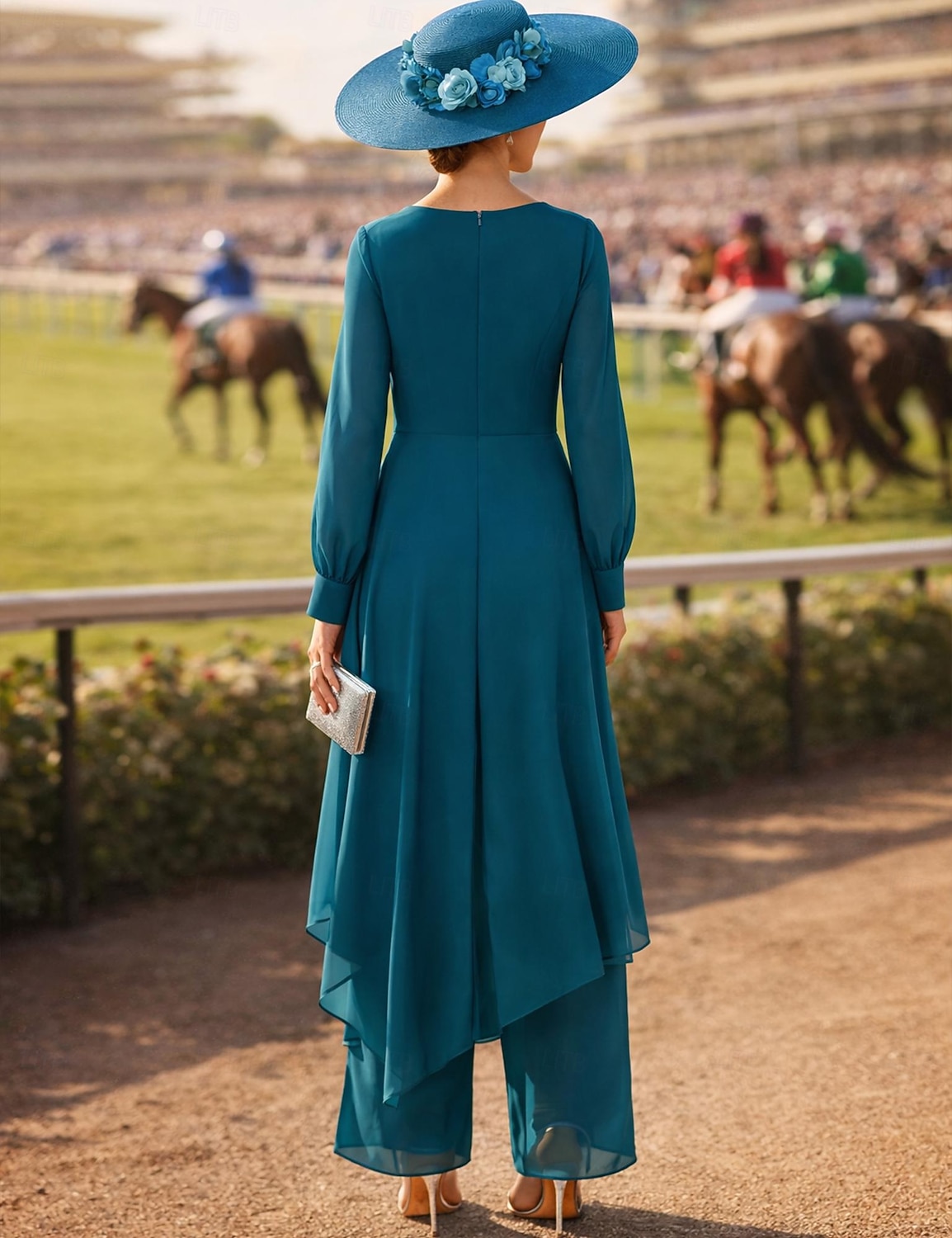 Buksedrakt Asymmetrisk Kjole til brudens mor Langermet Crew-hals Elegant Formell Bryllupsgjest Formell kveld Chiffon med Ensfarget 2026 - $160.99 –P2