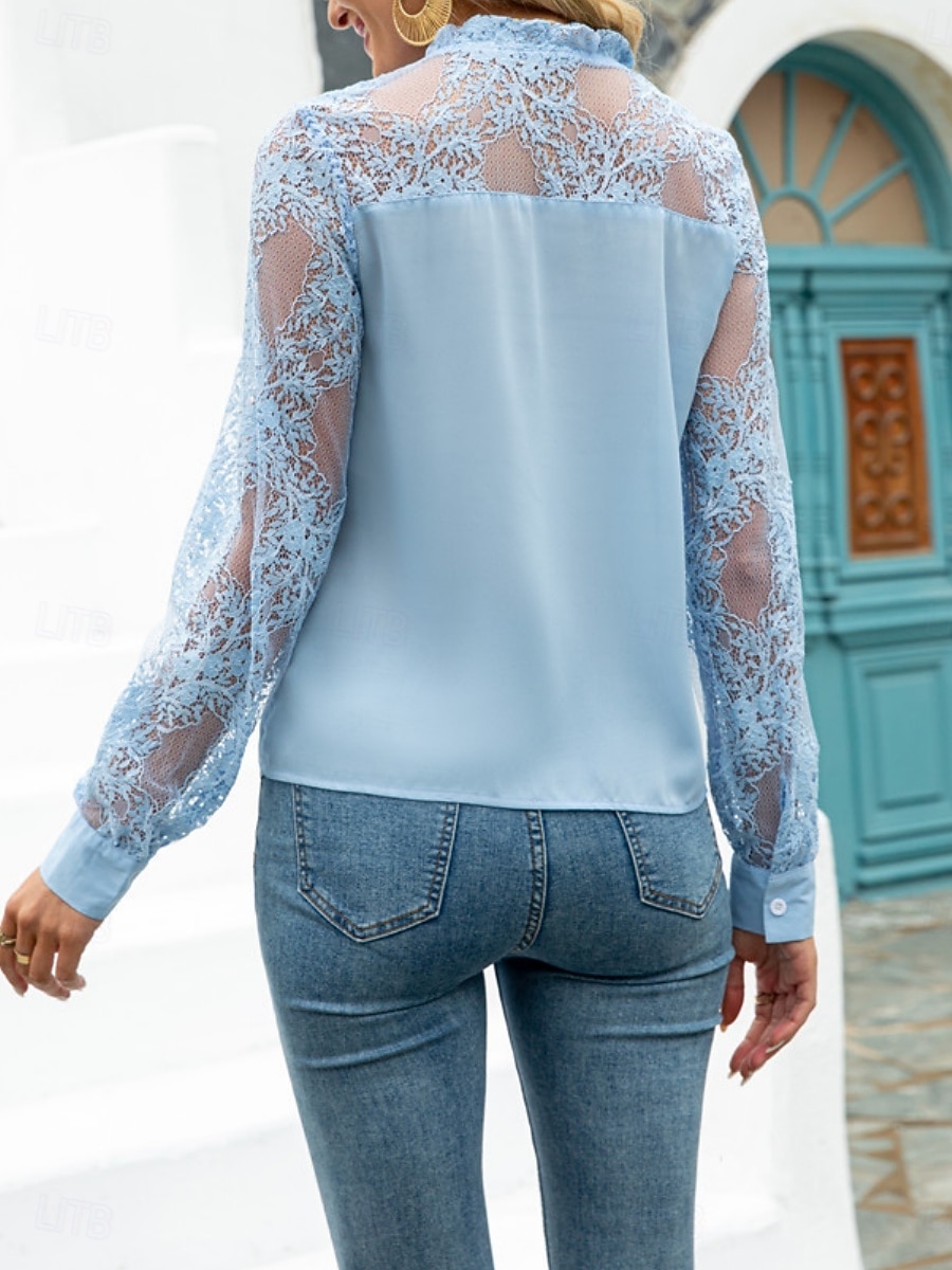Women's Lace Shirt Blouse Tie Front Lace Solid Color Elegant Stylish Basic Long Sleeve Tie Neck Regular Tops Daily Work Blue Black Pink Spring Fall 2026 - $21.99 –P7