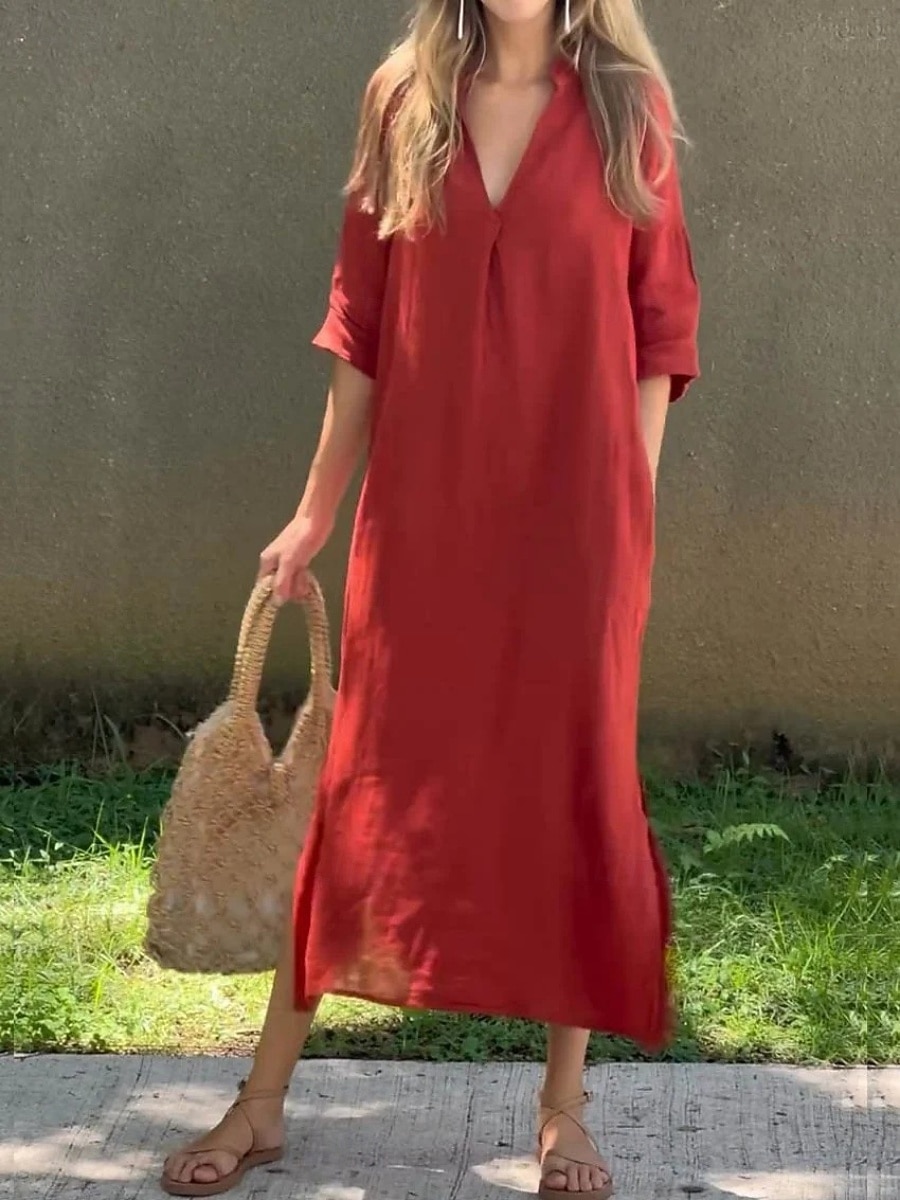 Women's Maxi Dress Shift Dress Summer Dress Casual Daily Loose Fit Plain 3/4 Length Sleeve V Neck Blue Black White Red Summer Spring Fall 2026 - $29.99 –P3