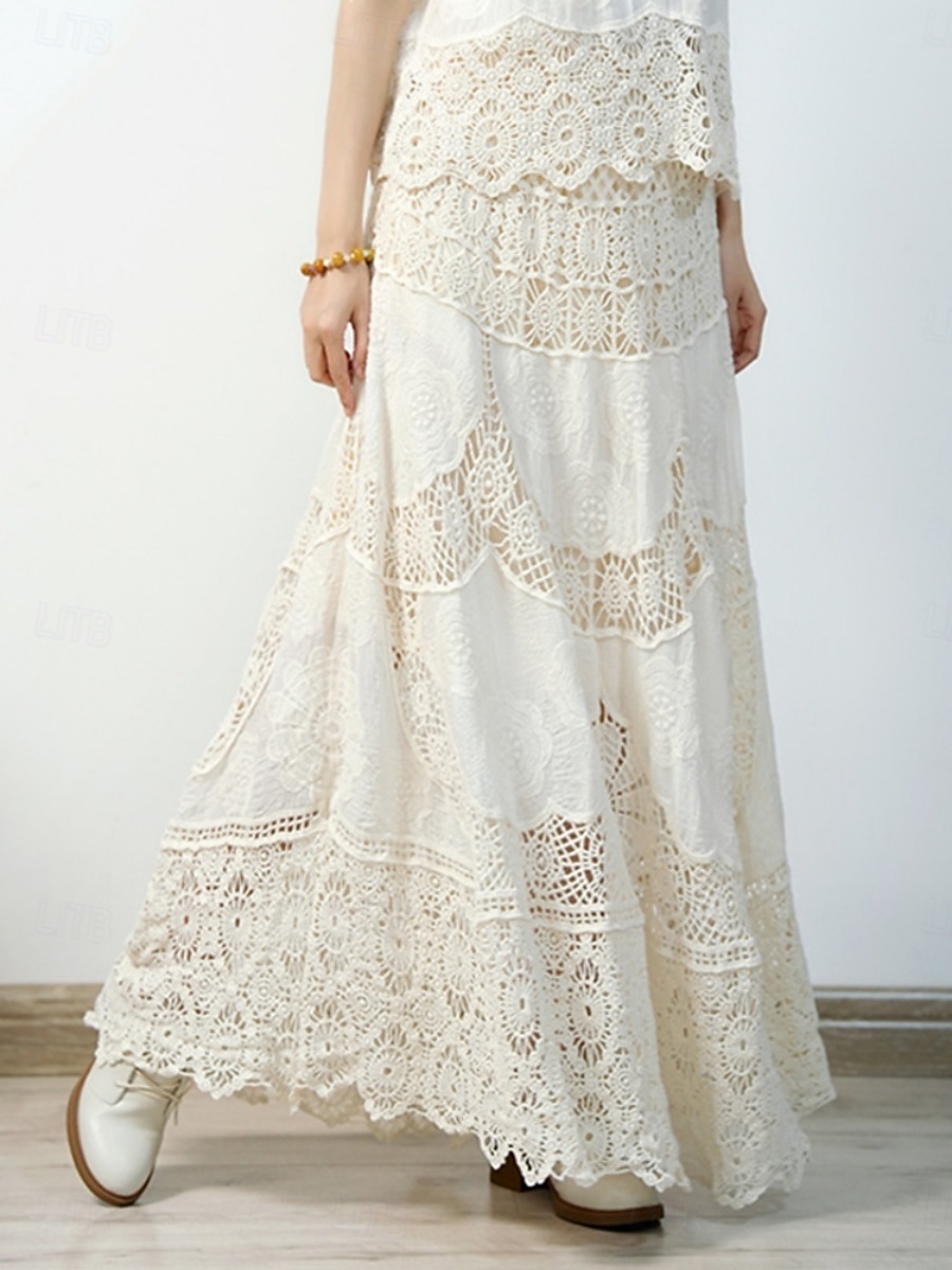 Mulheres Saia de renda Boêmia Moda Casual Longo Cintura Média Saias Cor Sólida Renda Buraco Sem Elasticidade Diário Férias Branco Bege Verão Algodão de 2026 por $43.99 –P1