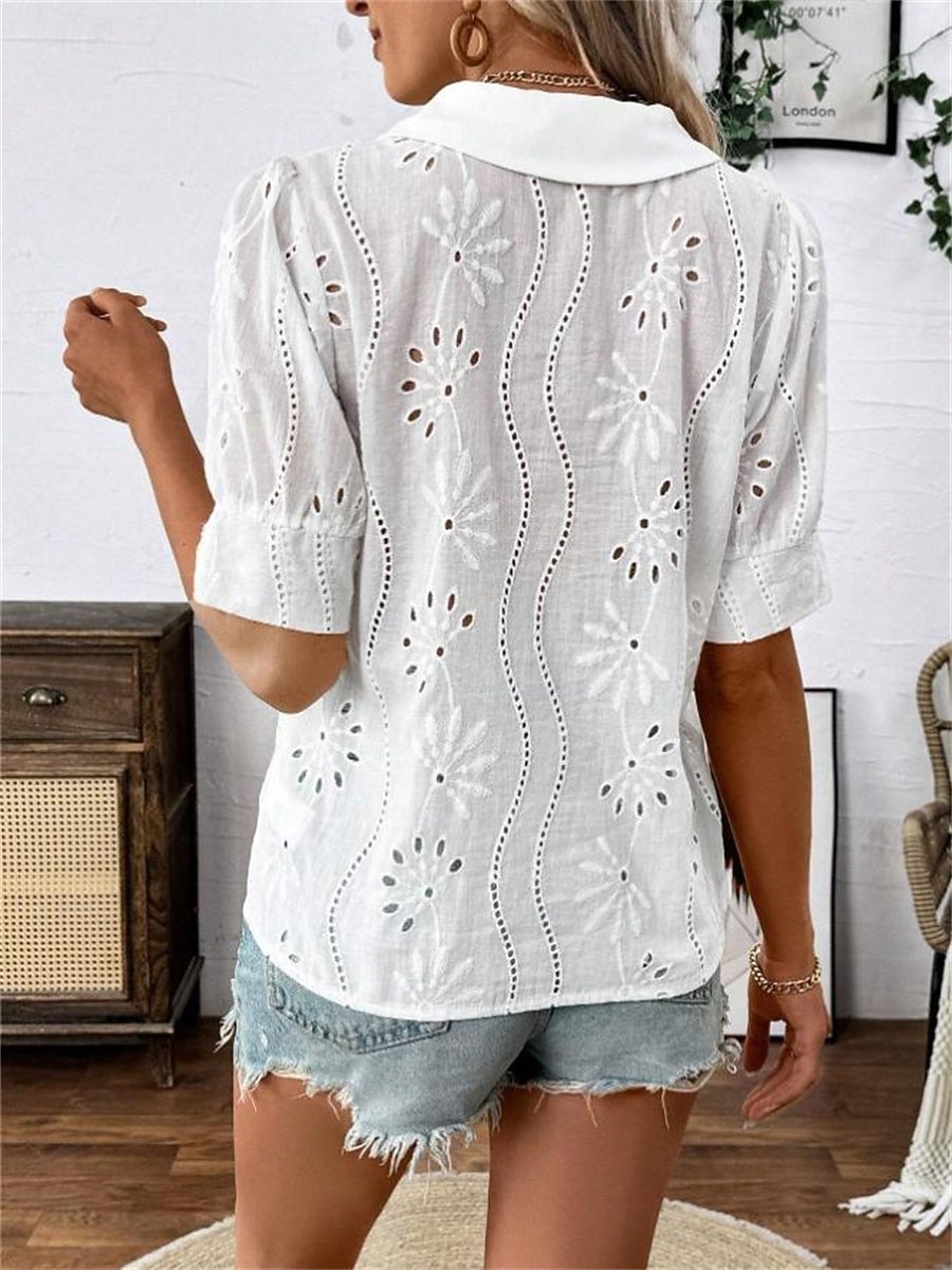 Per donna Top estivi Blusa Top traforato Arricciato Patchwork Ricamato Floreale Semplice Elegante Vintage Signore Mezza Manica Collare Peter Pan Top Regolari Quotidiano Lavoro Ferie Nero Bianco del 2026 a $31.99 –P2