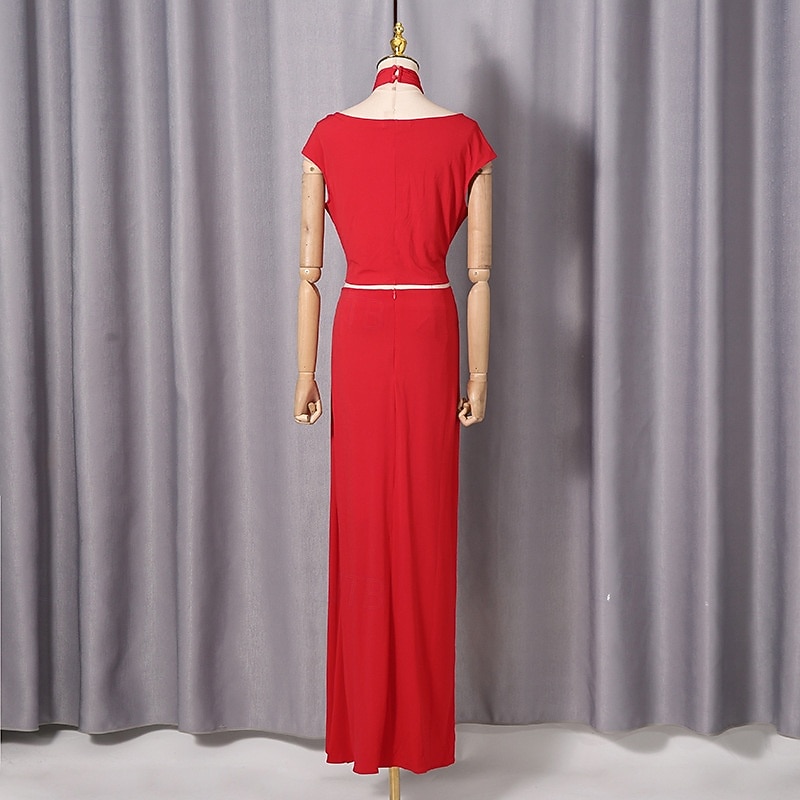 Two Piece Sheath Column Floor Length Wedding Guest Dress Wedding Guest Dresses Elegant Daily Cap Sleeve Halter Neck Garden Party Wedding with Ruched 2026 - $126.99 –P9