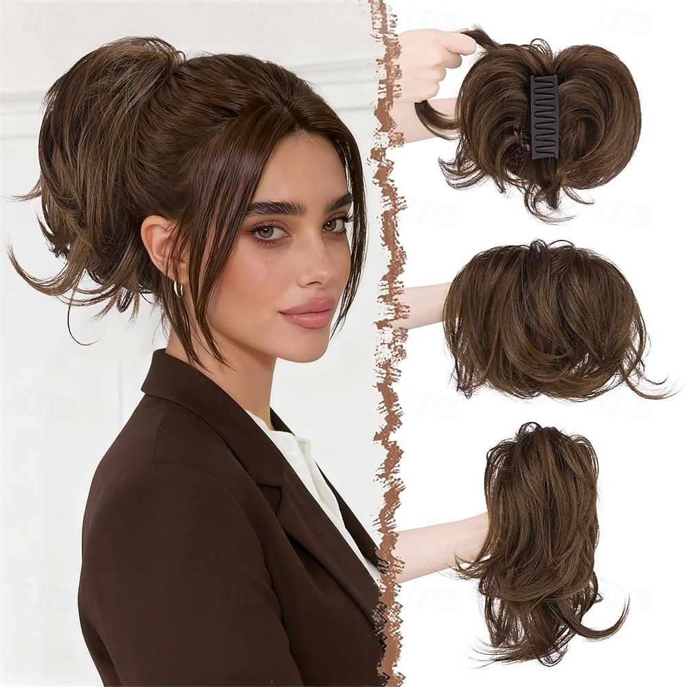 Chignons كعكة الشعر ذيل حصان مع مخلب شعر مستعار صناعي قطعة الشعر إطالة الشعر مجعد مناسب للبس اليومي مناسب للحفلات الحفلات و المساء أسود بني متوسط بني غامق 2026 - $14.49 –P5