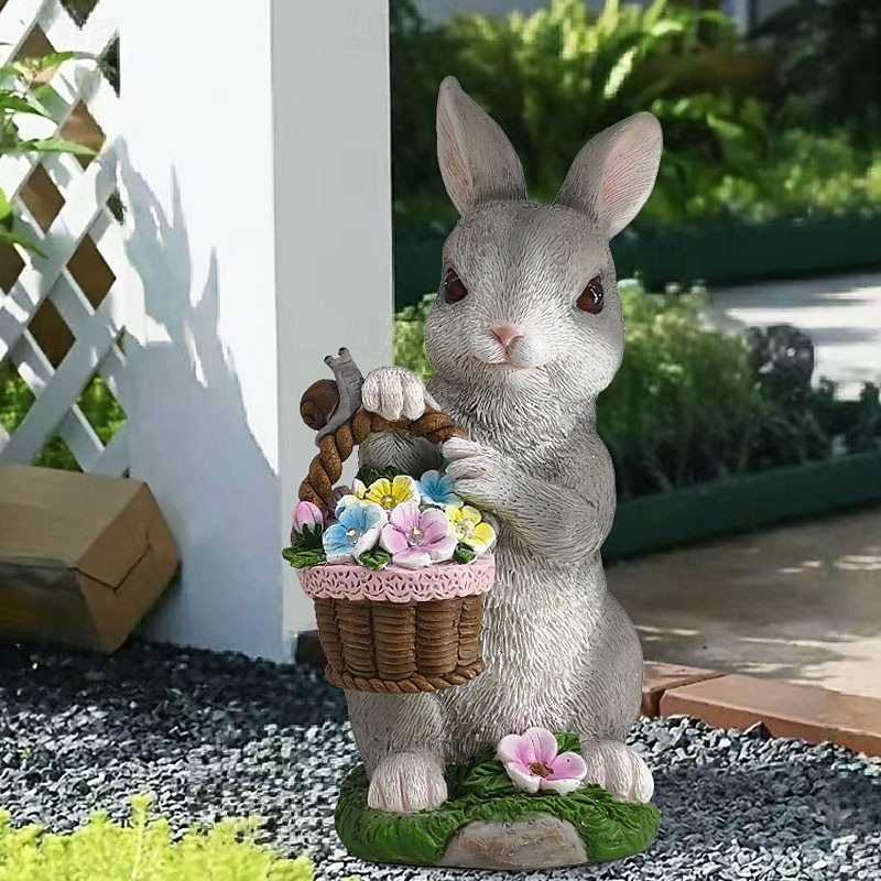 húsvéti nyuszi virágkosár gyantás figura lámpával, kültéri napelemes vízálló kerti dekoráció, udvari ösvény gyepvilágítás, aranyos állatszobor, mezőgazdasági tájképi díszvilágítás kültéri dekorációhoz 2026 - $34.99 –P4