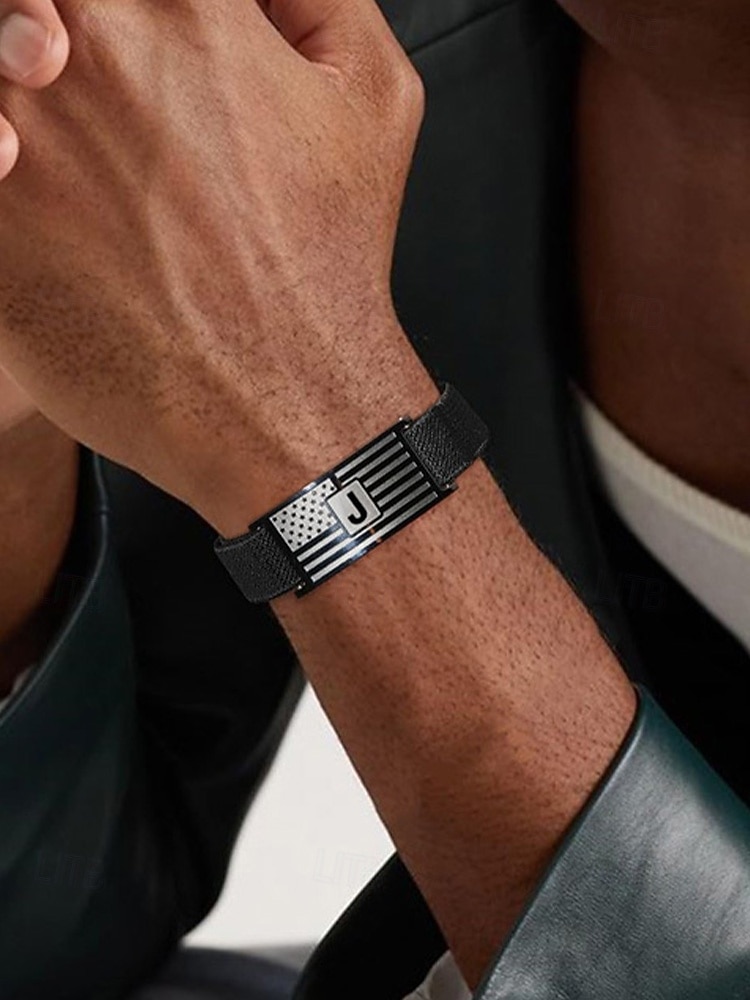 Men's Adjustable Alphabet Bracelet with Stainless Steel Flag Plate, Polyester Elastic Band, 26 Initial Letters, Patriotic Wristband for US 250th Anniversary & Independence Day 2026 - $11.99 –P1