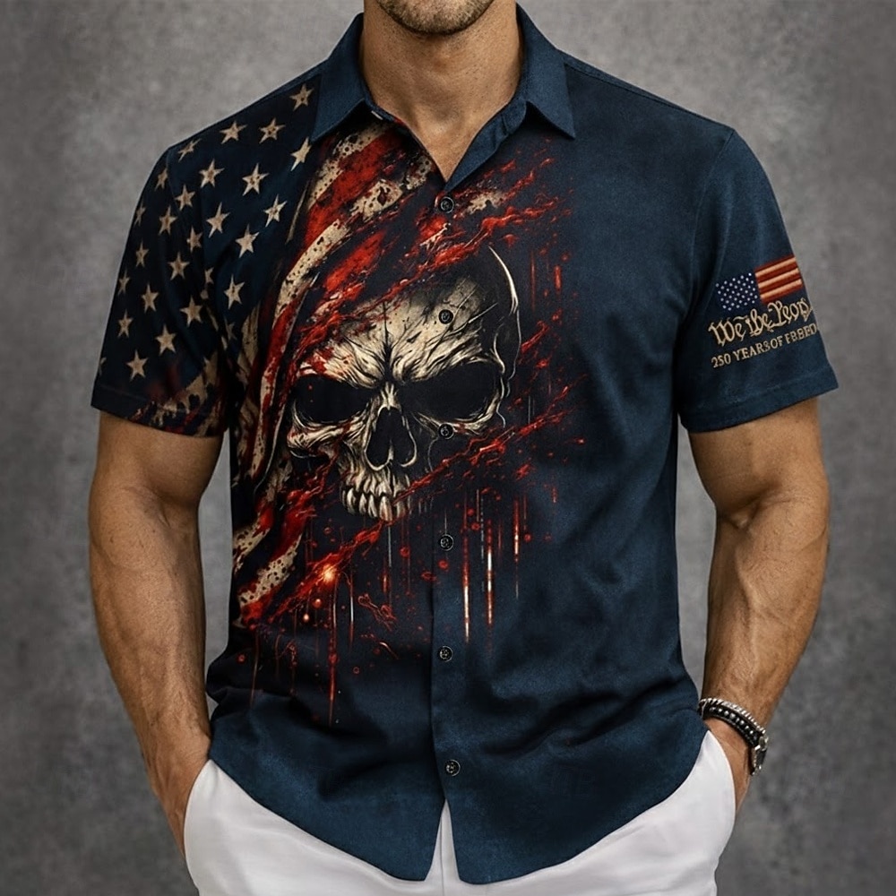 Hombre Cráneos 4 de julio, 250 aniversario de Estados Unidos Bandera de EE. UU. Camisa Abotonar la camisa Manga Corta Patriótico Exterior Festivos Verano Primavera Cuello Vuelto Impresión 3D camisas 2026 - $25.99 –P2