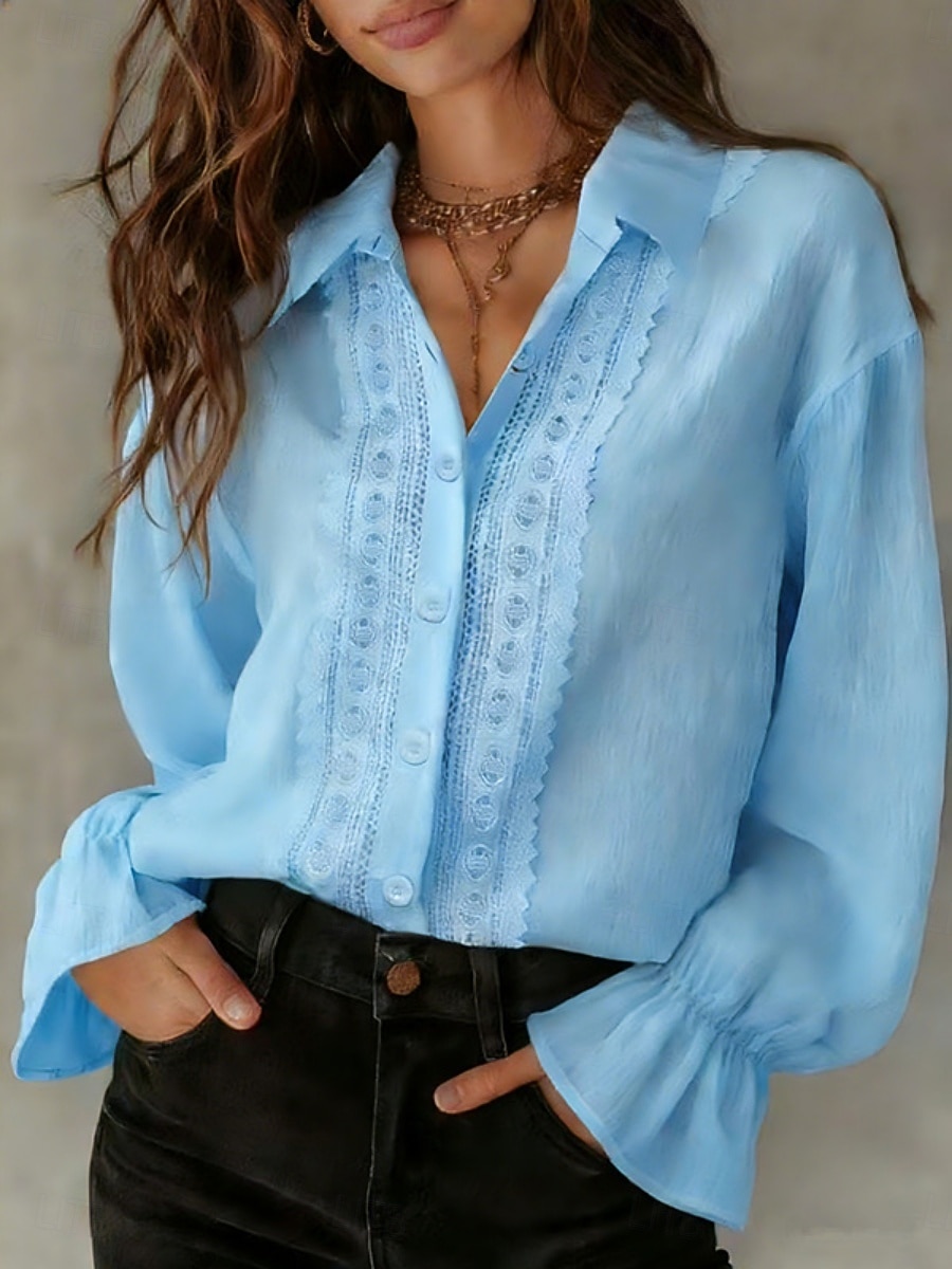 Dames 100% Katoenen Blouse Faux Linnen Geplooide Knoppen Effen Kleur Stijlvol Basis Casual Lange Mouwen Kraag Reguliere Tops Dagelijks Blauw Zwart Wit Roze Beige Lente Fall Winter 2026 - $33.99 –P5