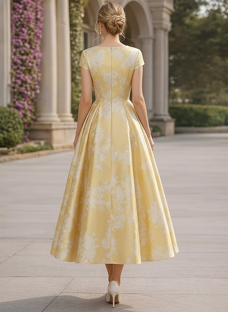 A-Line Tea Length Cocktail Dresses Wedding Guest Dresses Elegant Short Sleeve Boat Neck Garden Party Formal Satin Lace with Floral Print Pleats Ruched 2026 - $194.99 –P2