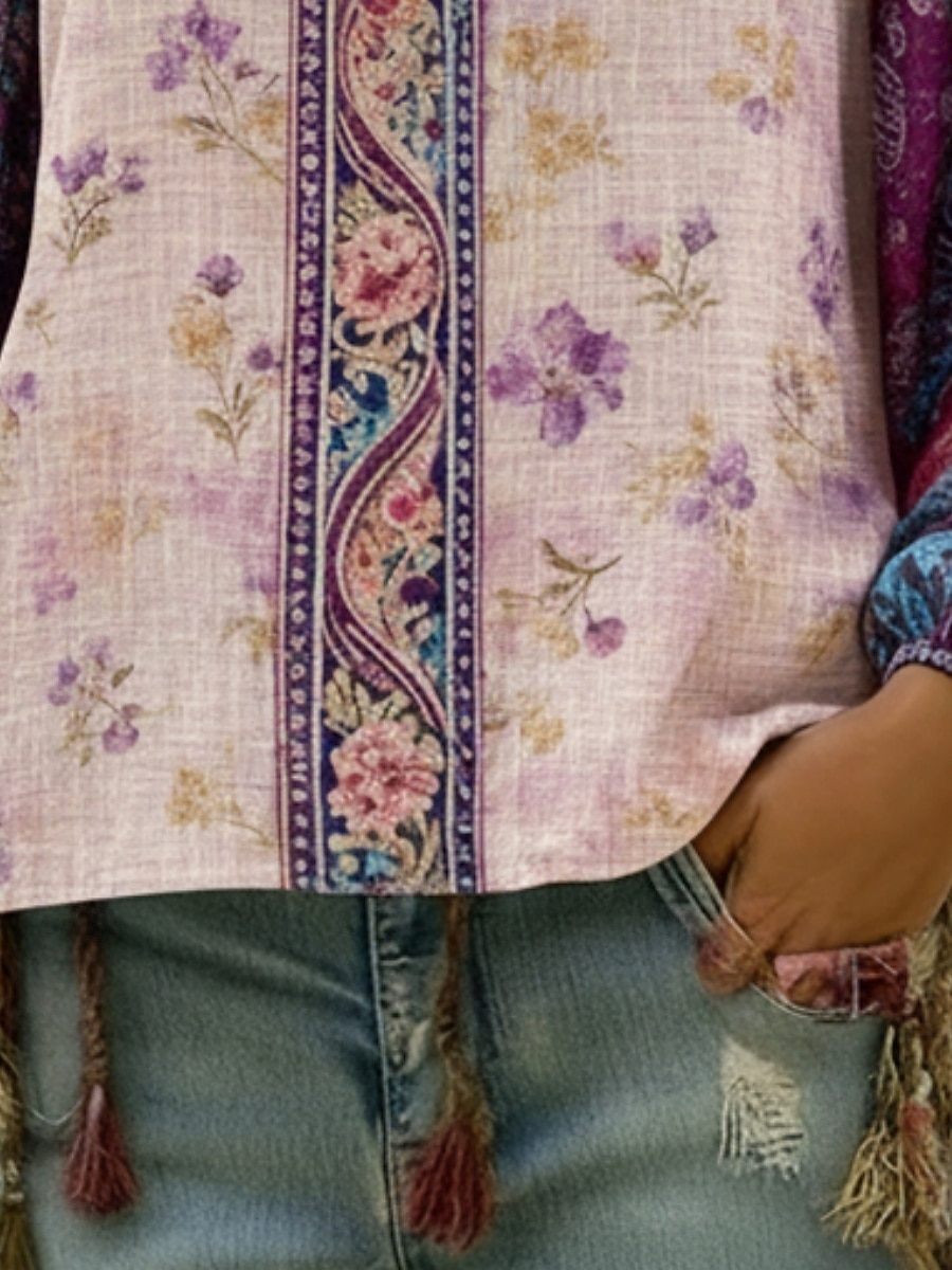 Γυναικεία Πουκάμισο Μπόχο πουκάμισο Λινό από ψεύτικο βαμβάκι Στάμπα Φλοράλ Γραφική Λαχούρι Βοημία Βίντατζ Κλασσικό Μακρυμάνικο Λαιμόκοψη V Κανονικά μπλουζάκια Καθημερινά Αργίες Εξόδου Βυσσινί 2026 - $29.99 –P4