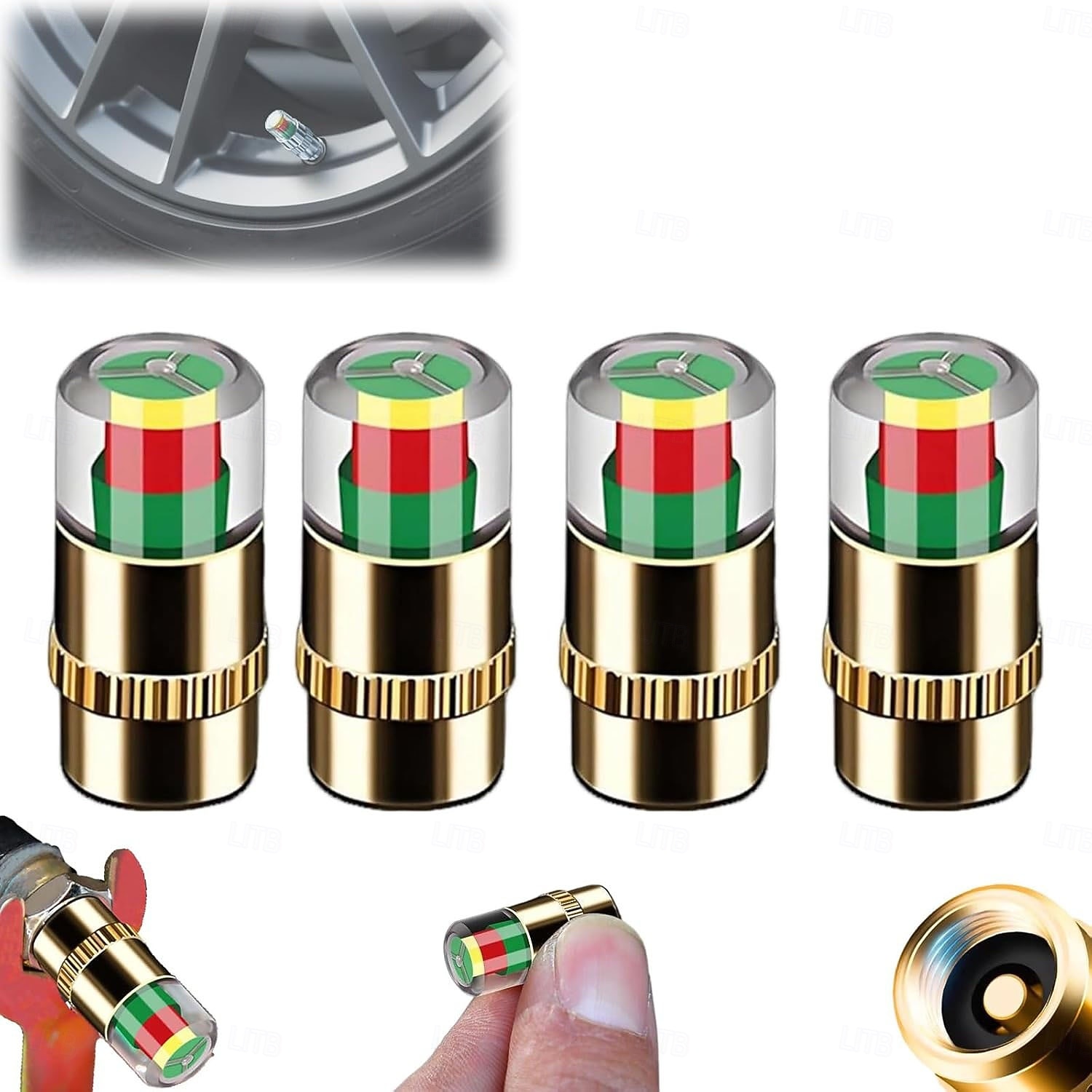 4 db gumiabroncsnyomás-ellenőrző szelepszár-sapka, 2,4 bar 36 psi autó gumiabroncsnyomás-ellenőrző érzékelő kijelző 3 színű szemriasztással, univerzális szelepszár-sapkák autókhoz 2026 - $9.99 –P1