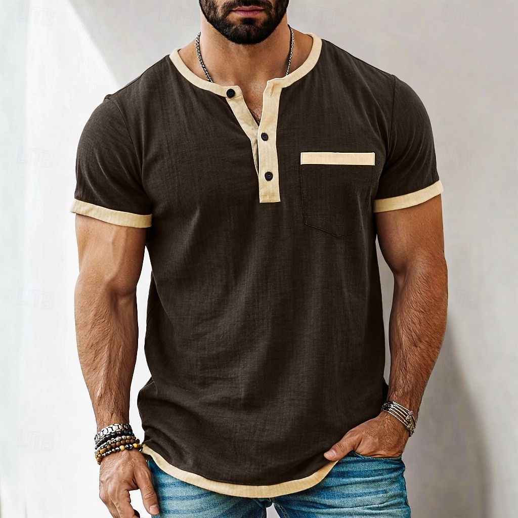 Heren T-shirt Henley-shirt T-shirts Shirt met korte mouwen Korte mouw Henley Zomer Lente Lente zomer Kleurenblok Effen Modieus Ontwerper Basic Zak Vakantie Straat Uitgaan Zwart Blauw Blozend Roze Top 2026 - $21.99 –P13