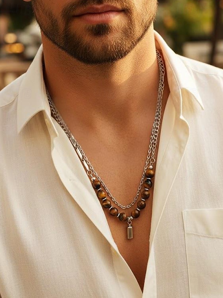 Мужское ожерелье из сплава и бусин тигрового глаза, двухслойная цепочка с подвеской, повседневный стиль бохо, прочное и стильное, идеально подходит для отдыха, курортной одежды и повседневной носки. 2026 - $11.99 –P2