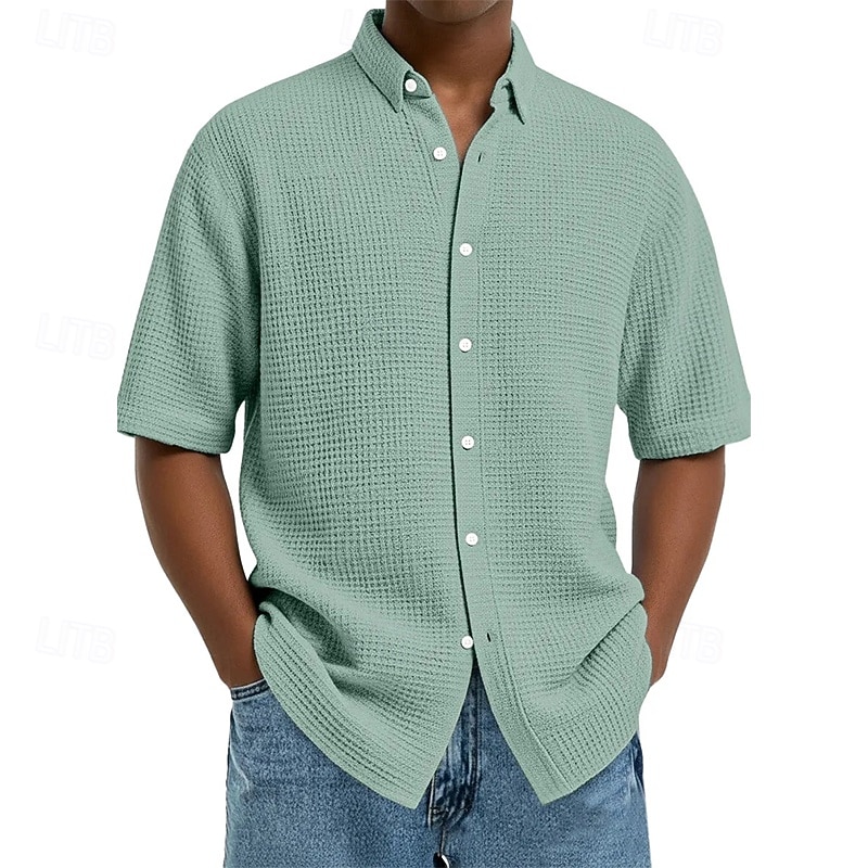Homens Camisa Social Camisa Waffle Textura Camisa casual camisa de botão Vinho Azul Marinha Manga Curta Tecido Lapela Diário Streetwear Roupa Moda Moderno Casual Confortável de 2026 por $22.99 –P3