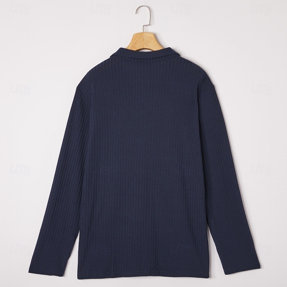 Men's Rib Knit Top Textured Casual Street Lapel Long Sleeve Basic Modern Plain Buttons Spring Fall All Seasons Slim Fit White Gray Rib Knit Top 2026 - $28.99 –P11