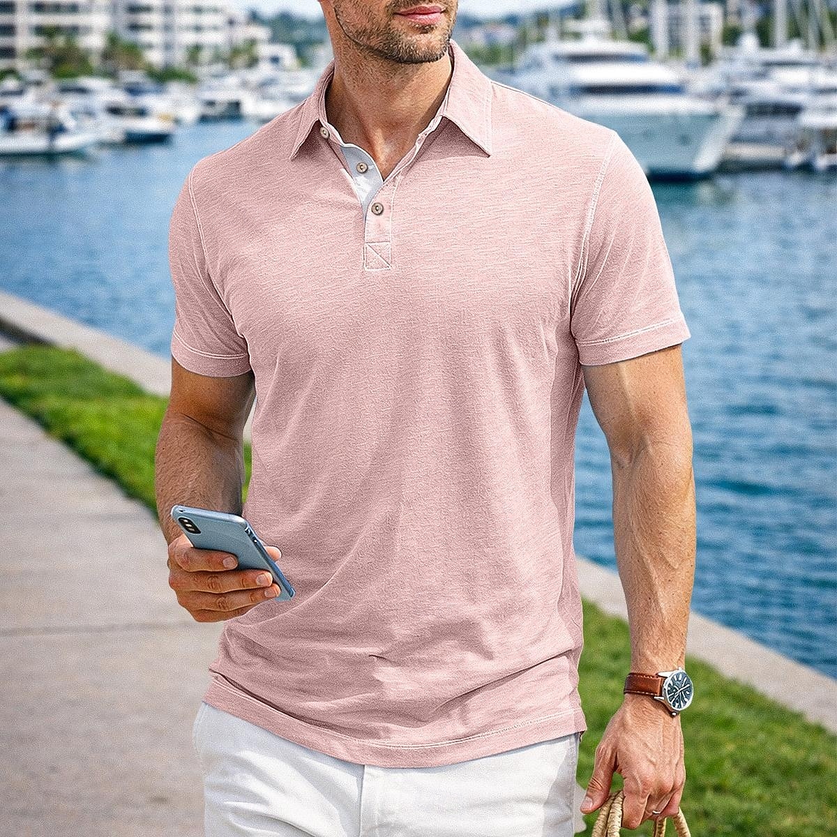 Camisa polo masculina de algodão e bambu, estilo polo, casual, para trabalho, com gola polo e lapela, manga curta, básica, moderna, cor sólida, patchwork e botões, ideal para verão e primavera. &polo de 2026 por $22.99 –P8