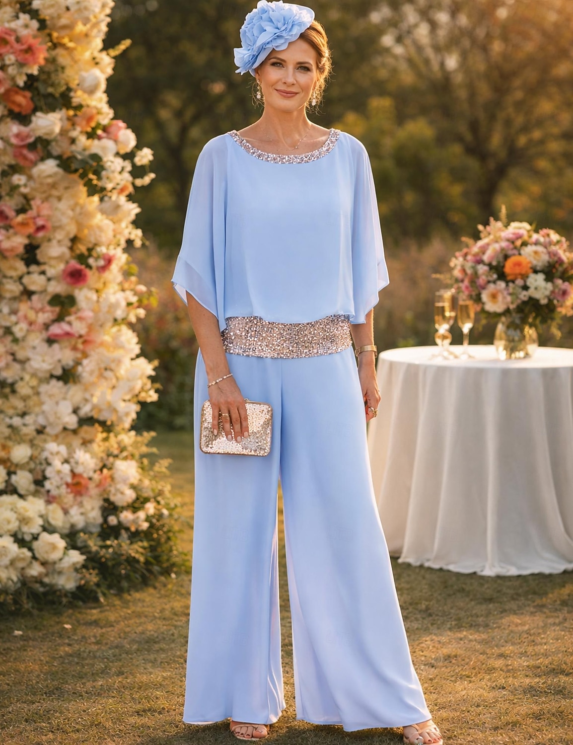 Tvådelad Byxor Golvlång Klänning till brudens mor Halvlång ärm Båthals Elegant Vintage Enkel Bröllopsgäst Helgdag Formell kväll Chiffong med Paljett 2026 - $76.99 –P1