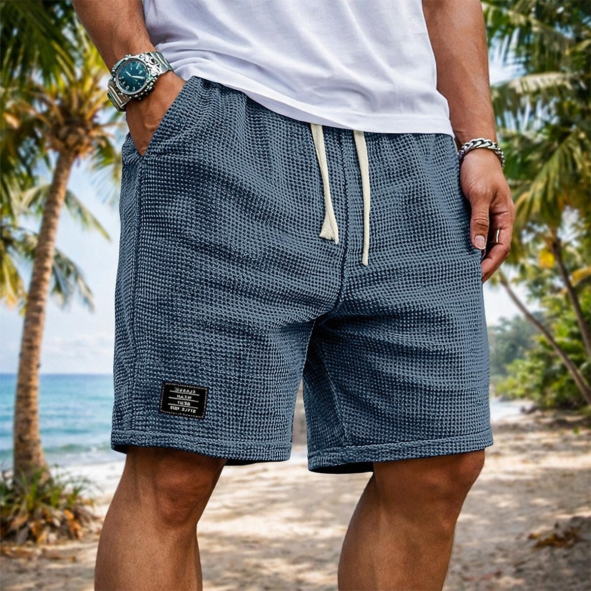 Herr Våffelshorts Shorts Sommarshorts Beach Shorts Casual shorts Snörning Elastisk midja Ensfärgat Slät Komfort Andningsfunktion Knelängd Dagligen Utomhus Streetwear Semester Mode Svart Vit 2026 - $20.99 –P7