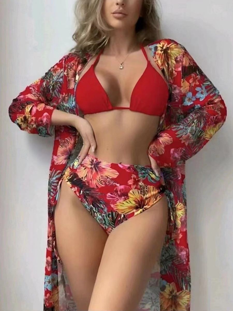 Damskie Stroje kąpielowe Bikini Trzyczęściowy Majtki Kostium kąpielowy Szczupła Odkryte plecy Urlop Stroje plażowe Kwiaty Kantarka Długi rękaw Kostiumy kąpielowe 2026 - $26.99 –P6