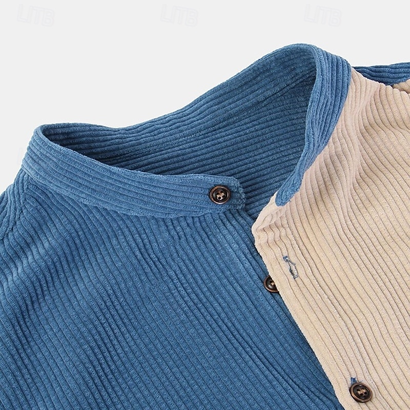Men's Shirt Texture Casual Shirt Corduroy Shirt Button Up Shirt Blue Short Sleeve Plain Grandad Collar Casual Daily Front Pocket Clothing Apparel Elegant Fashion Casual 2026 - $26.99 –P2