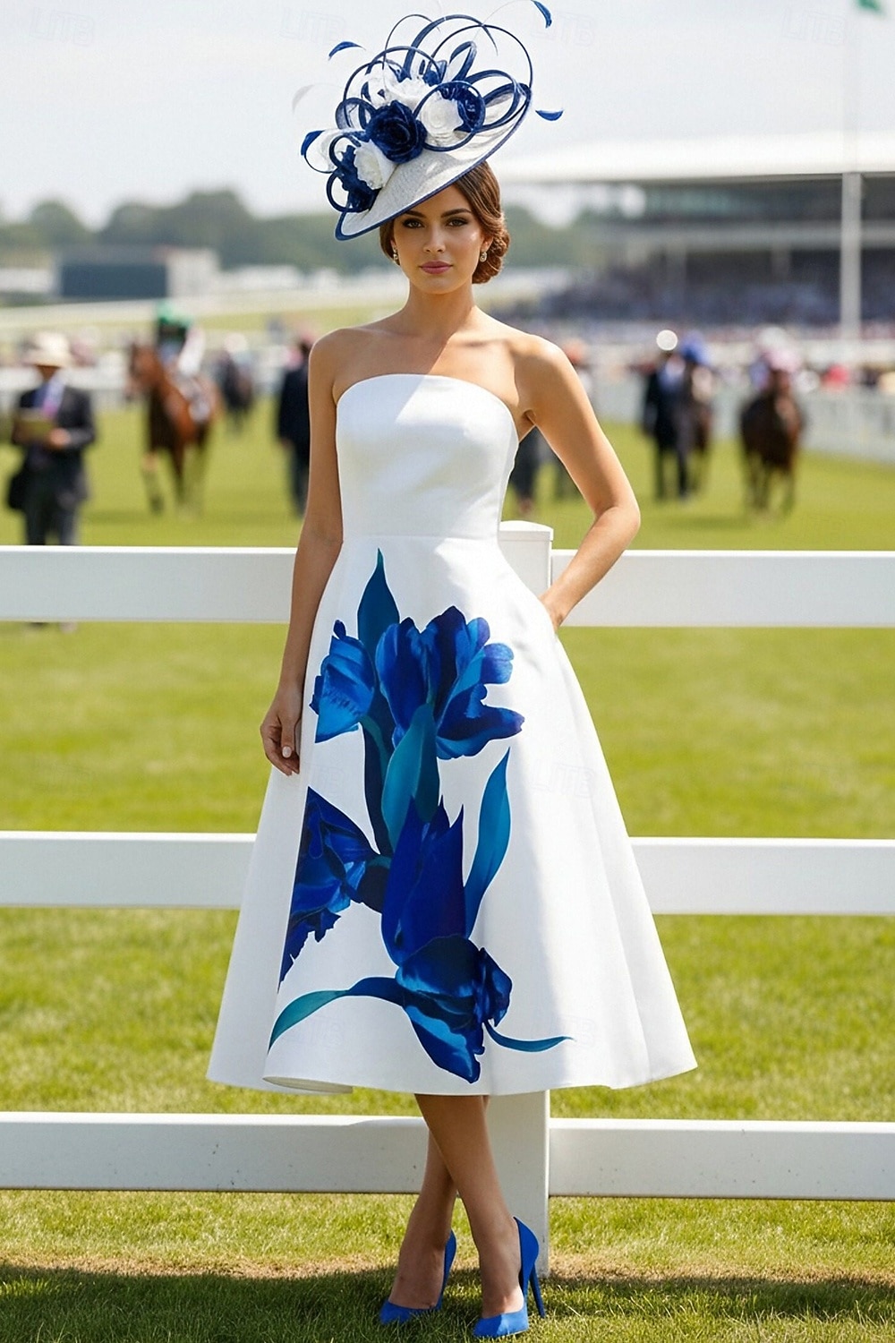Linea ad A Lunghezza Tè Abito Derby Abito formale Elegante Senza Maniche Senza Spalline Formale Derby del Kentucky Raso con Stampa floreale del 2026 a $172.99 –P1