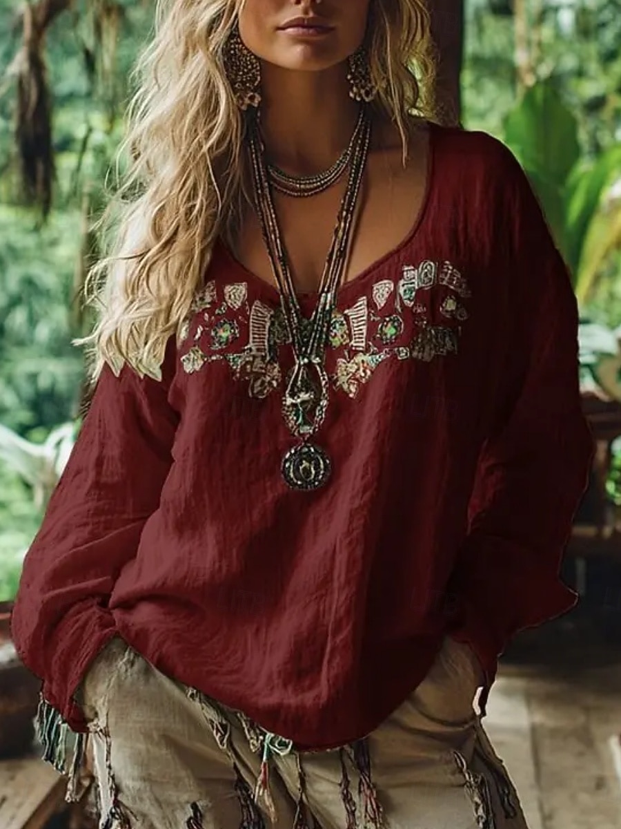 Women's Shirt Boho Shirt Blouse Print Graphic Bohemia Stylish Classic Long Sleeve V Neck Regular Tops Daily Holiday Going out Blue Black Light Green Wine Apricot Summer Spring Fall 2026 - $27.99 –P4