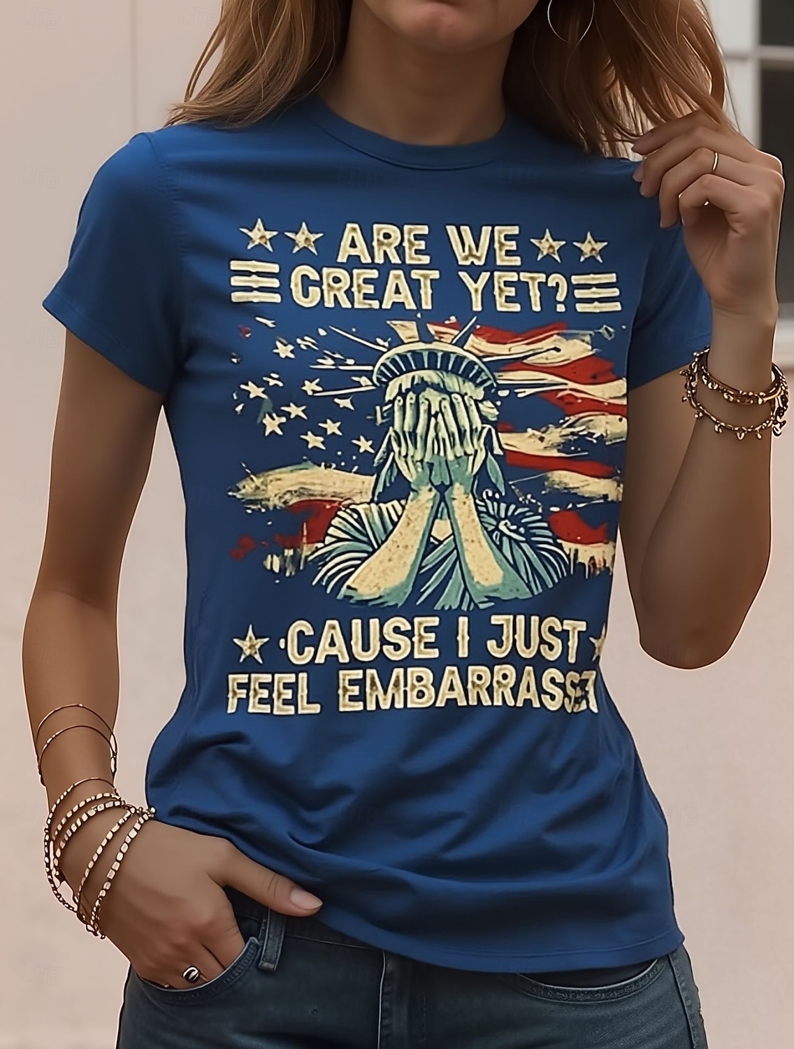 2026年 独立記念日 愛国的な女性用Tシャツ グラフィック 国旗 ヴィンテージ スタイリッシュ クラシック 短袖 クルーネック ラウンドネック レギュラー トップス デイリー 週末 印刷 青 夏 春 秋 冬  コレクション – $22.99 –P1