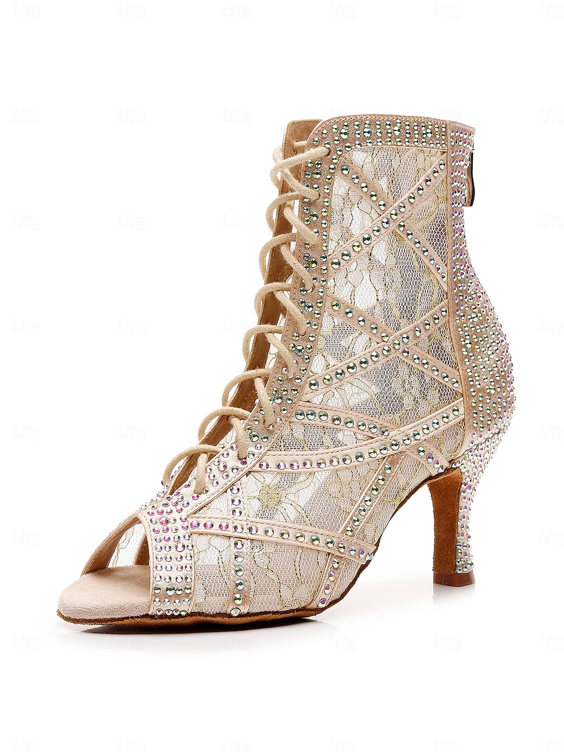 Women's Champagne Rhinestone Lace-Up Professional Dance Boots, Open Toe Mesh Latin & Ballroom Heels for Stage Performance 2026 - $64.99 –P2