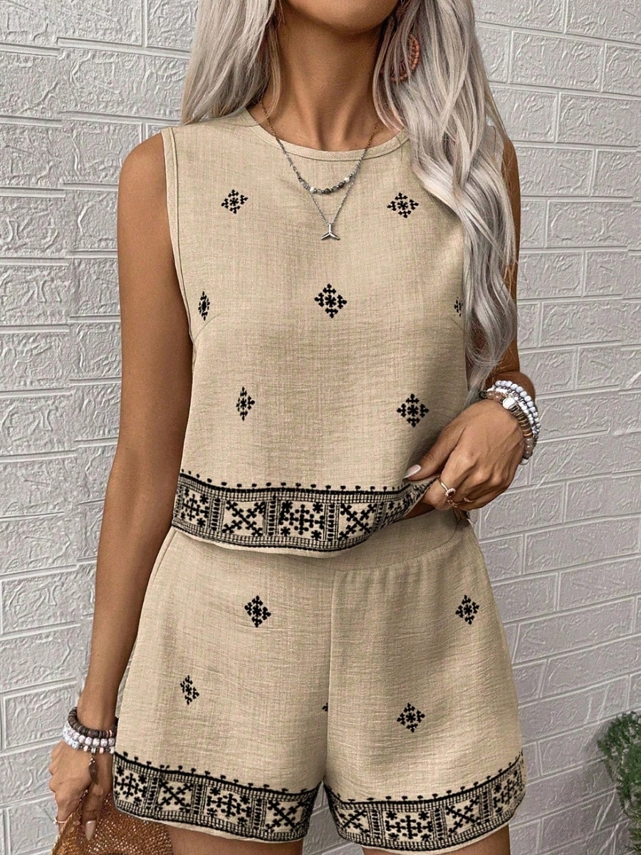 Femmes Ensemble effet lin Ensembles de Shorts Sans manches Col ras du cou Géométrique Imprimé Élégant Mode Streetwear Occasionnel Quotidien Extérieur Bleu Kaki Vert Été Coupe régulière de 2026 ? $41.99 –P4