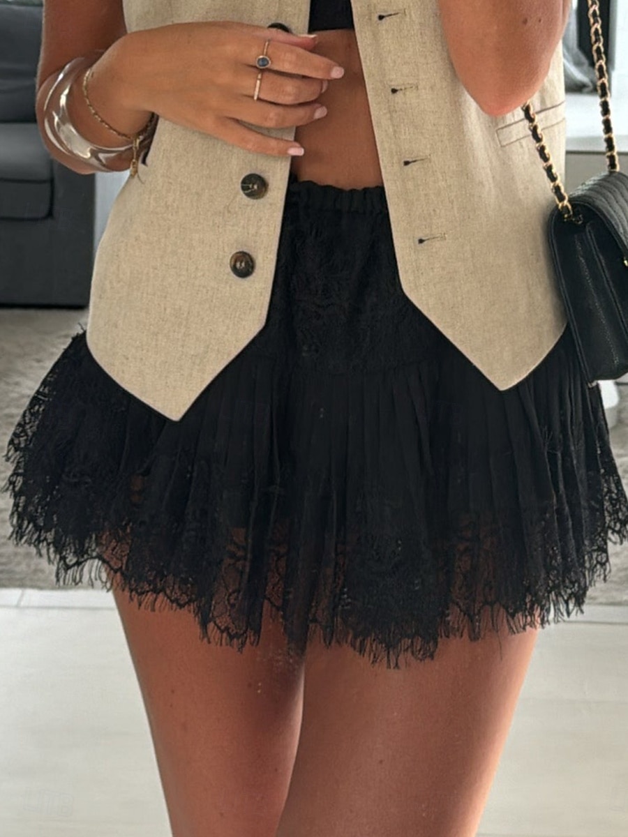 Damskie Spódnica koronkowa Zabytkowe Moda Codzienny Mini Wysoka talia Spódnice Z marszczeniami Koronka Pofałdowany Średnio elastyczny Codzienny Kij Czarny Biały Lato 2026 - $27.99 –P3