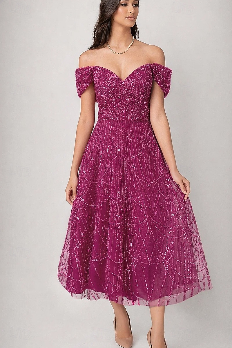 A-Line Tea Length Beaded Eembroidered Formal Dresses Mother of the Bride Dress Cocktail Dresses Party Dresses Wedding Guest Dresses Elegant Glittering Embellished Sleeveless Off Shoulder Formal 2026 - $197.99 –P4