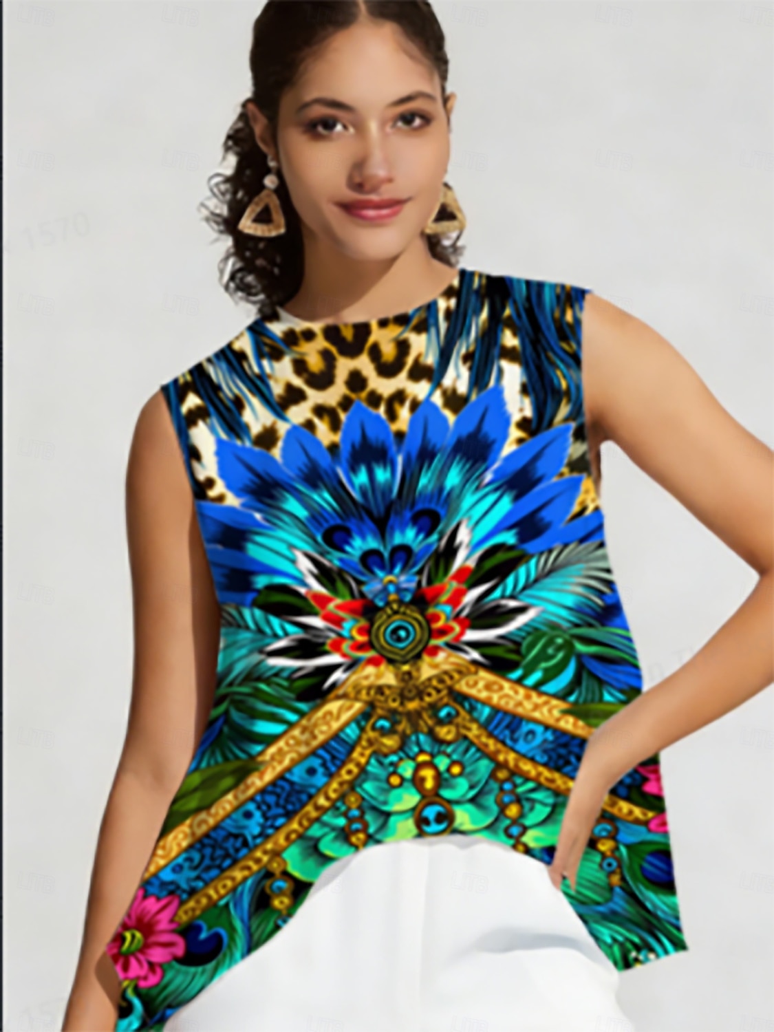 Dschungel-Wildparty-Top aus seidigem Satin mit Pfauenmuster 2026 - $56.99 –P1