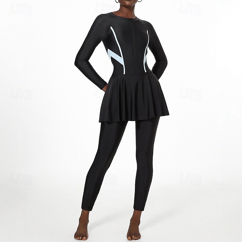 Mulheres Proteção solar de corpo inteiro Vestidos de Natação One Pieces Retalhos Zip Up Proteção UV Elástico Manga Longa Roupa de Banho roupa de banho Surfe Snorkeling Natação Primavera de 2026 por $30.99 –P1