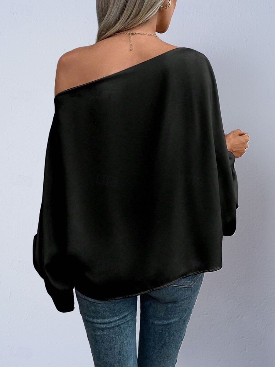 Dames Overhemd Satijnen overhemd Blouse Tops met blote schouders Effen Stijlvol Klassiek Modern Lange mouw Schouderafhangend Normale tops Dagelijks Feestdagen Uitgaan blauw Zwart Blozend Roze Rood 2026 - $27.99 –P8