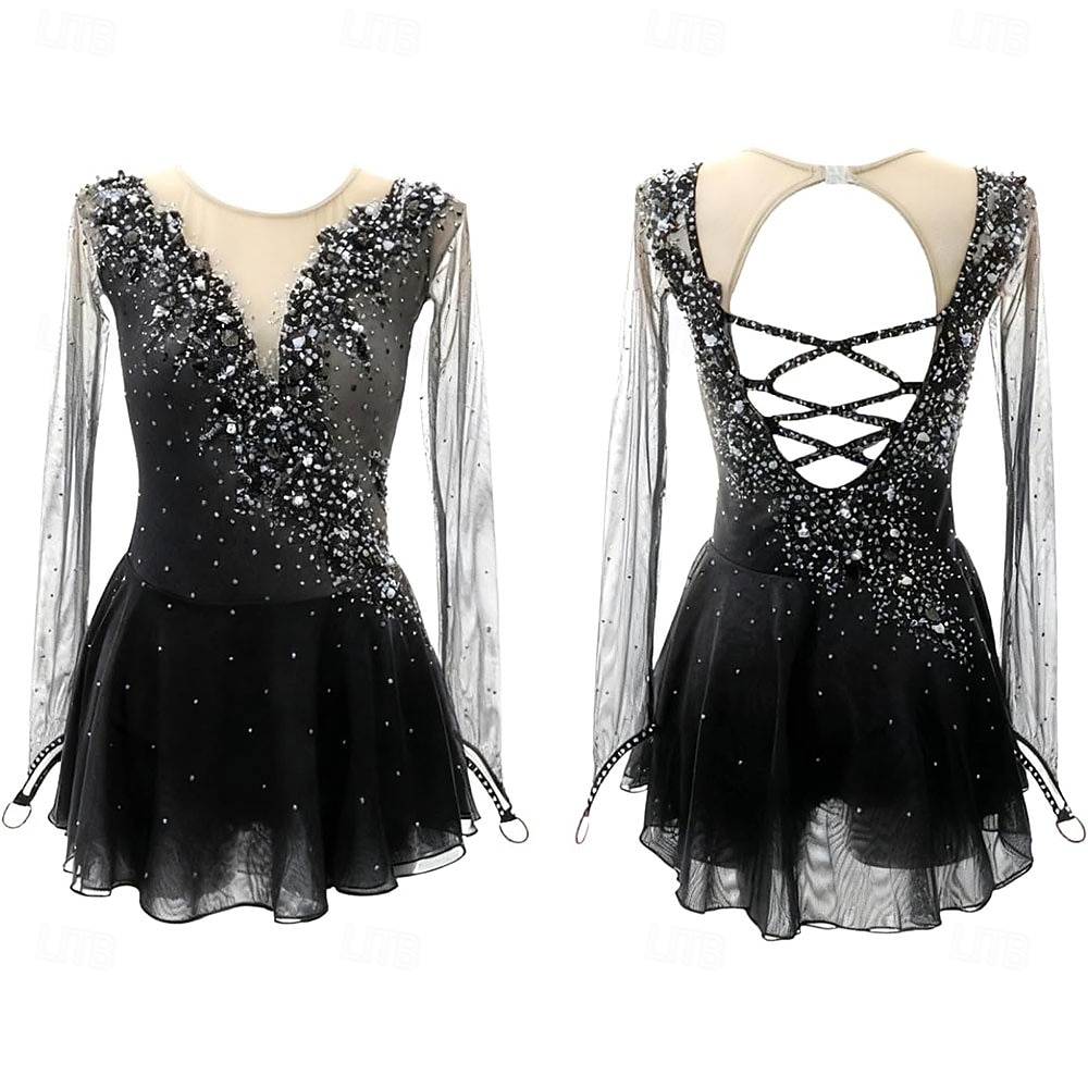 Robe de patinage artistique Femmes Patinage Robe Bleu marine Noir Jaune Patchwork Trou de pouce Élastique Entraînement Compétition Tenue de Patinage Classique cristal pailleté manche longue Patinage de 2026 ? $275.09 –P6