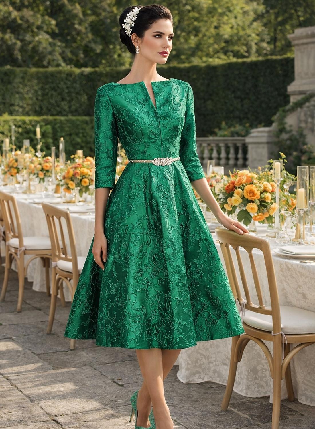 green emerald velvet dress Champagne Print Off Shoulder Mother of Bride Dress main image 0