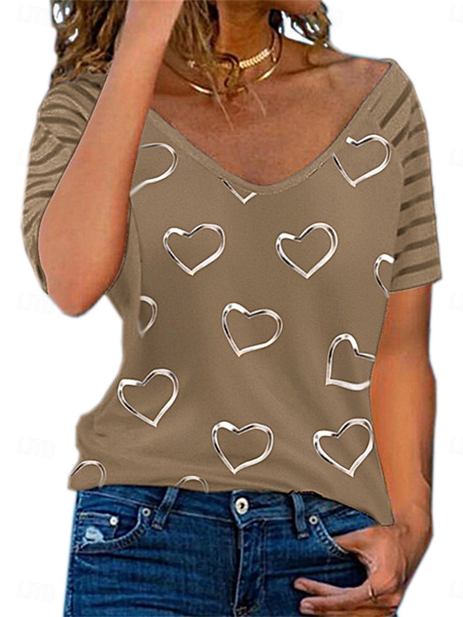 Pentru femei Tricou Tee Top Imprimeu Inimă Modă Stilat Casual Manșon scurt În V Topuri obișnuite Zilnic Ieșire Sfârșit de săptămână Albastru piscină Negru Alb Roz Îmbujorat Kaki Vară Primăvară 2026 - $19.99 –P5