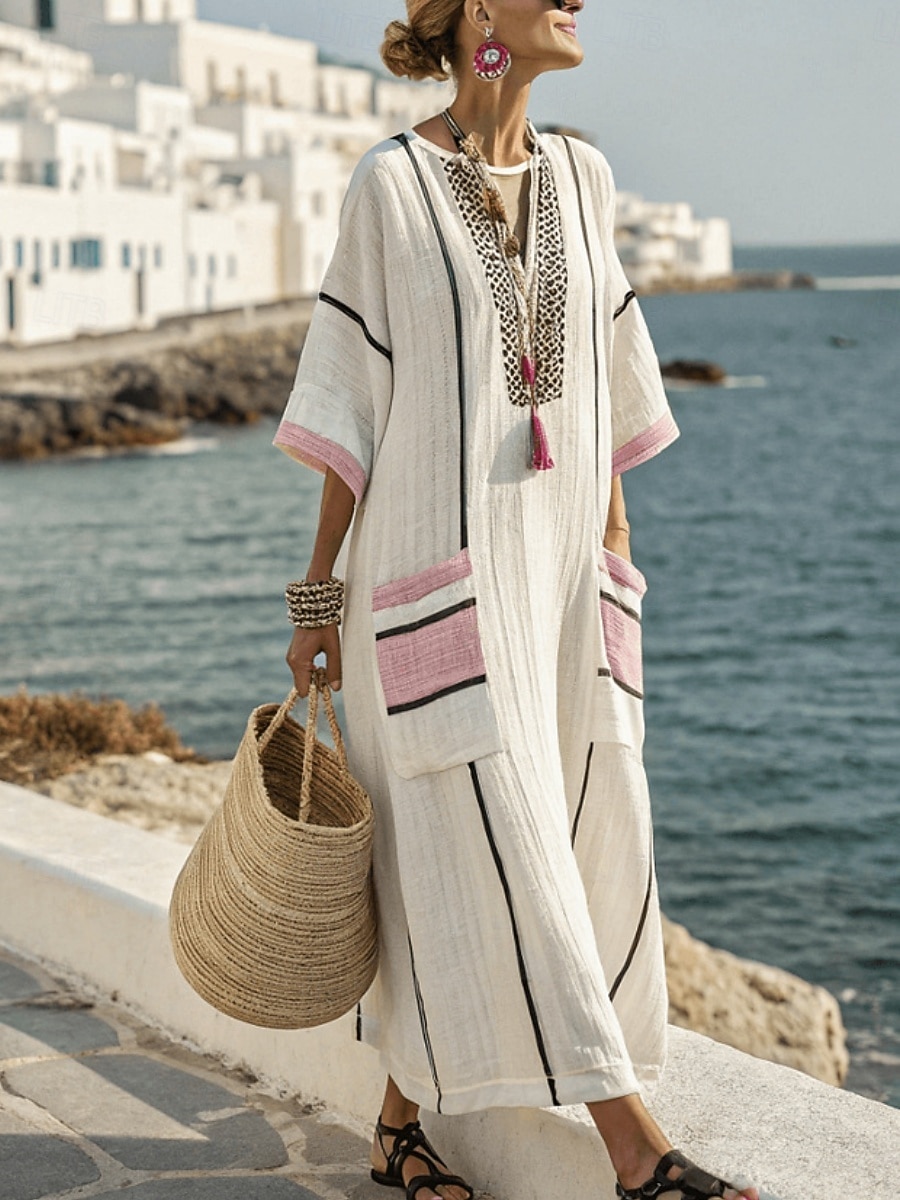 Kvinnors Maxiklänning Linne Lika Andningsbar Lättviktig A-Linje Klänning Sommarklänning Avslappnad Daglig Lätt Passform Randig 3/4 Längd Ärmm V-Hals Blå Vit Röd Beige Sommar Vår Höst 2026 - $18.49 –P4