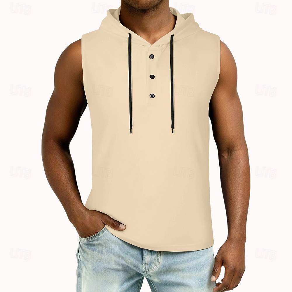 2026年 男性 ベストトップ ヘンリーパーカー ティートップ ノースリーブ フード付き 夏 純色 平織り ファッション デザイナー ベーシック ボタン フード付き カジュアル バケーション ストリート ブルー ブラック ホワイト メンズトップTシャツ  コレクション – $16.49 –P11