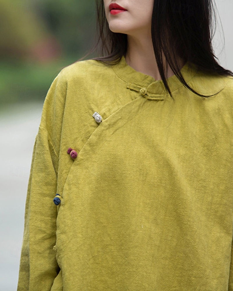 Camicia da donna a maniche lunghe con colletto alla coreana in lino biologico del 2026 a $45.99 –P6