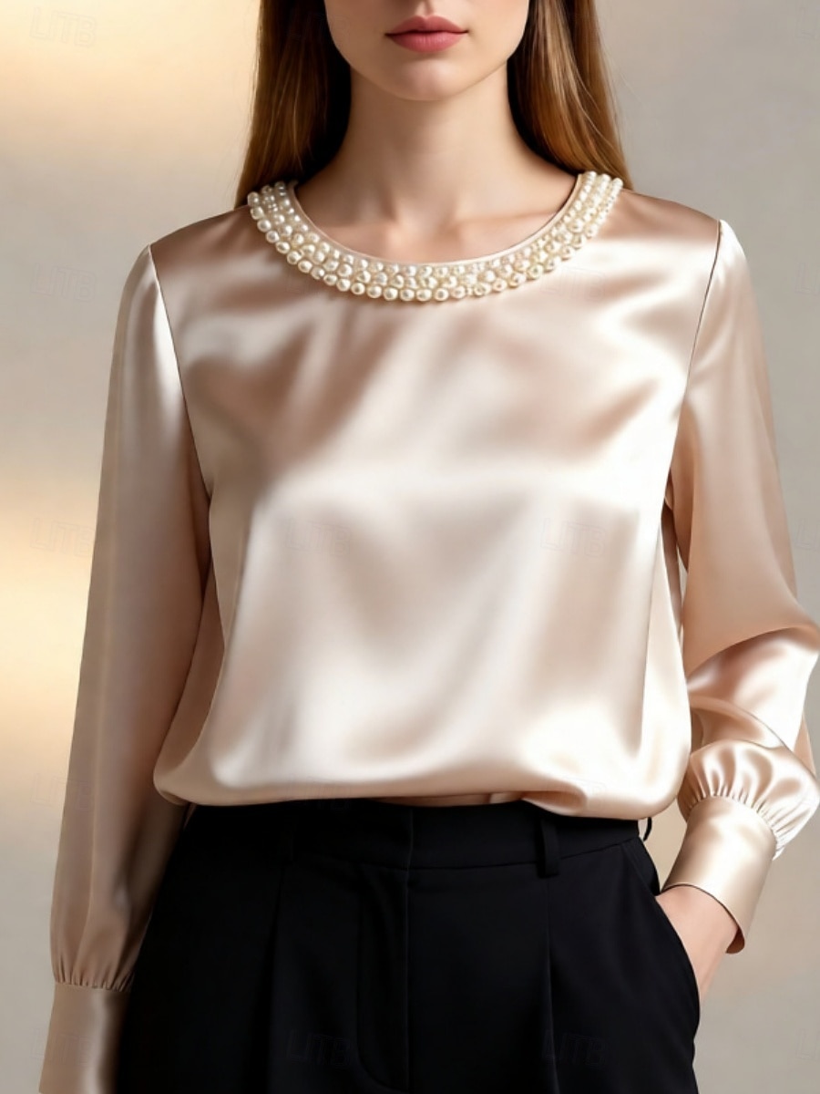 Mulheres Blusa Com Miçangas Côr Sólida Elegante à moda Manga Longa Gola Redonda Tops regulares Diário Trabalho Preto Branco Verde Damasco Primavera Outono de 2026 por $27.99 –P4
