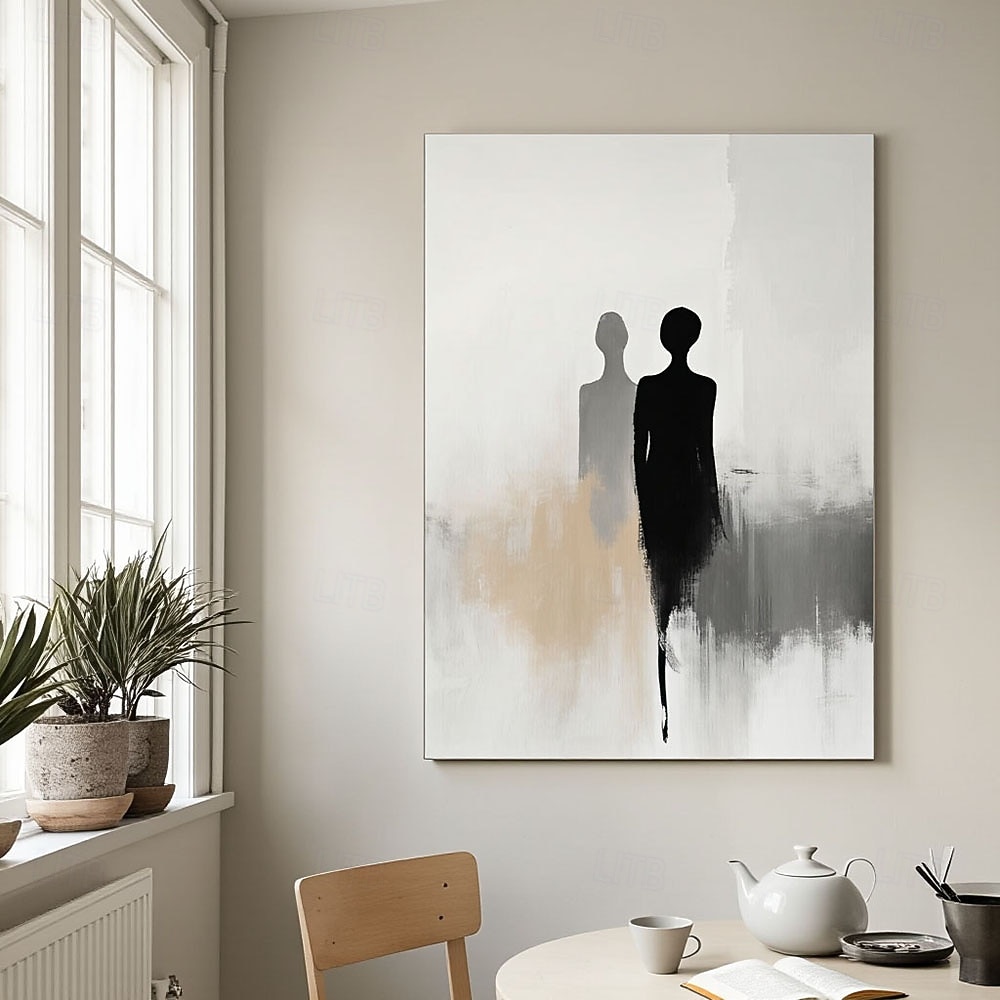 Käsintehty elegantti musta ja beigenvärinen abstrakti kankaalle maalattu maalaus minimalistisilla silueteilla, täydellinen nykytaide moderniin sisustukseen 2026 - $122.99 –P5